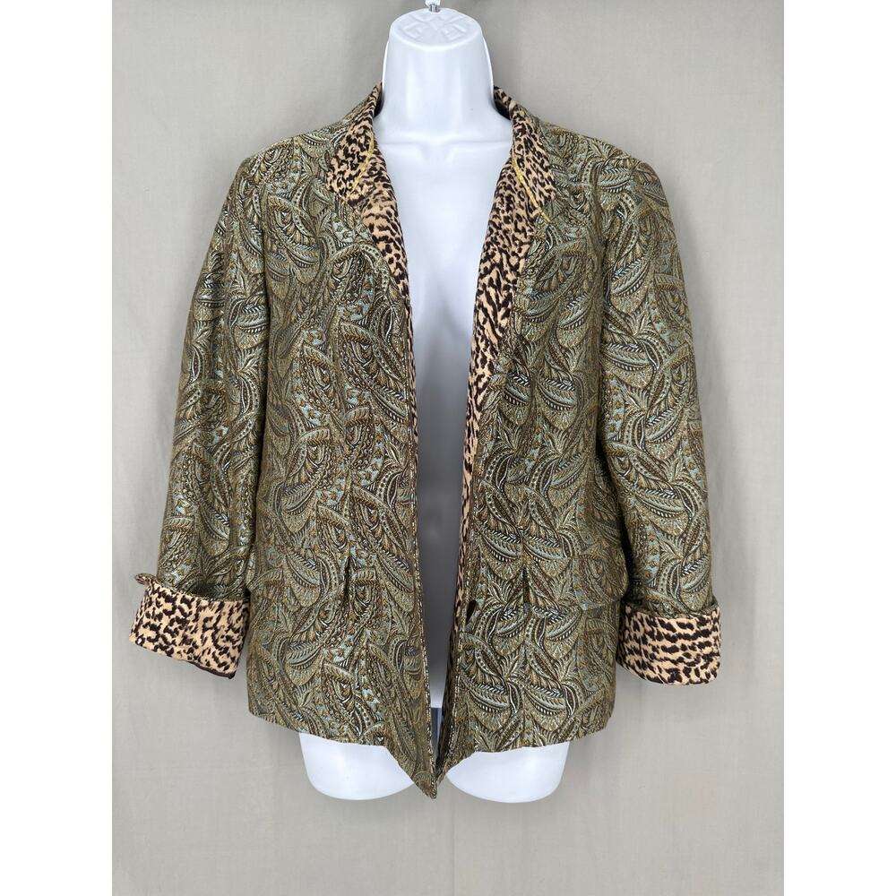 90s Vintage Jacket Womens Medium Brown Paisley Blue Jacquard Tapestry Gold Boho - Picture 2 of 9